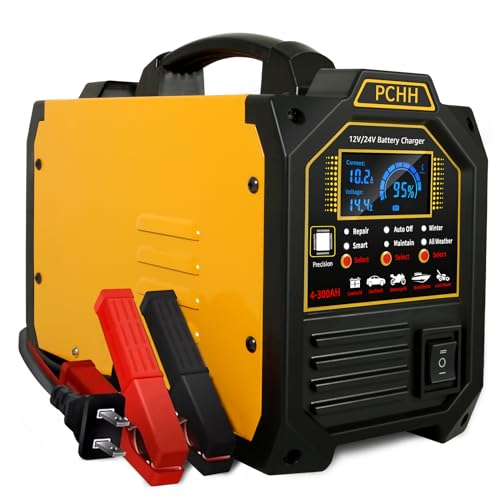 PCHH 12V 24V Car Battery Charger Heavy Duty, 0-15A Automatic Battery Maintainer, Smart Trickle Charger with Auto Shutoffs, Repair, Winter Mode, for Automotive Car Truck Motorcycle RV AGM Deep Cycle