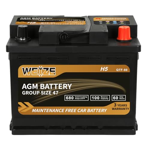Weize Platinum AGM Battery BCI Group 47-12v 60ah H5 Size 47 Automotive Battery, 100RC, 680CCA, 36 Months Warranty, Dimensions 9.52