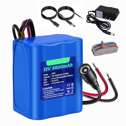 CITYORK Rechargeable 12V 5600mAh Lithium Battery with Charger, Bare Leads Wire Battery Pack Compatible with 12V Devices, DIY Project, RC Car, Solar Panels, LED Light Strip, CCTV Camera etc