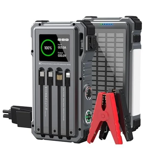 Solar Power Bank 44400 mWH, 45W Fast Charging with 4 Built-in Cables & Car Battery Jumper Starter Portable
