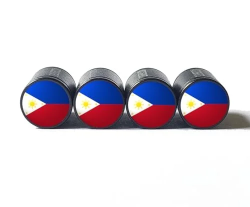 Philippines Flag Tire Valve Stem Caps - Black Aluminum - Set of Four