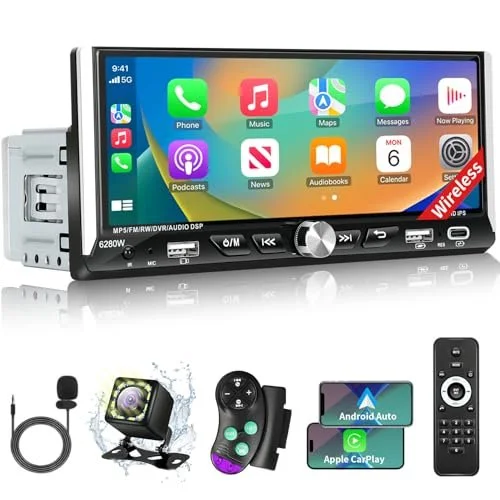 Single Din Radio Car Stereo with Wireless Apple Carplay & Android Auto